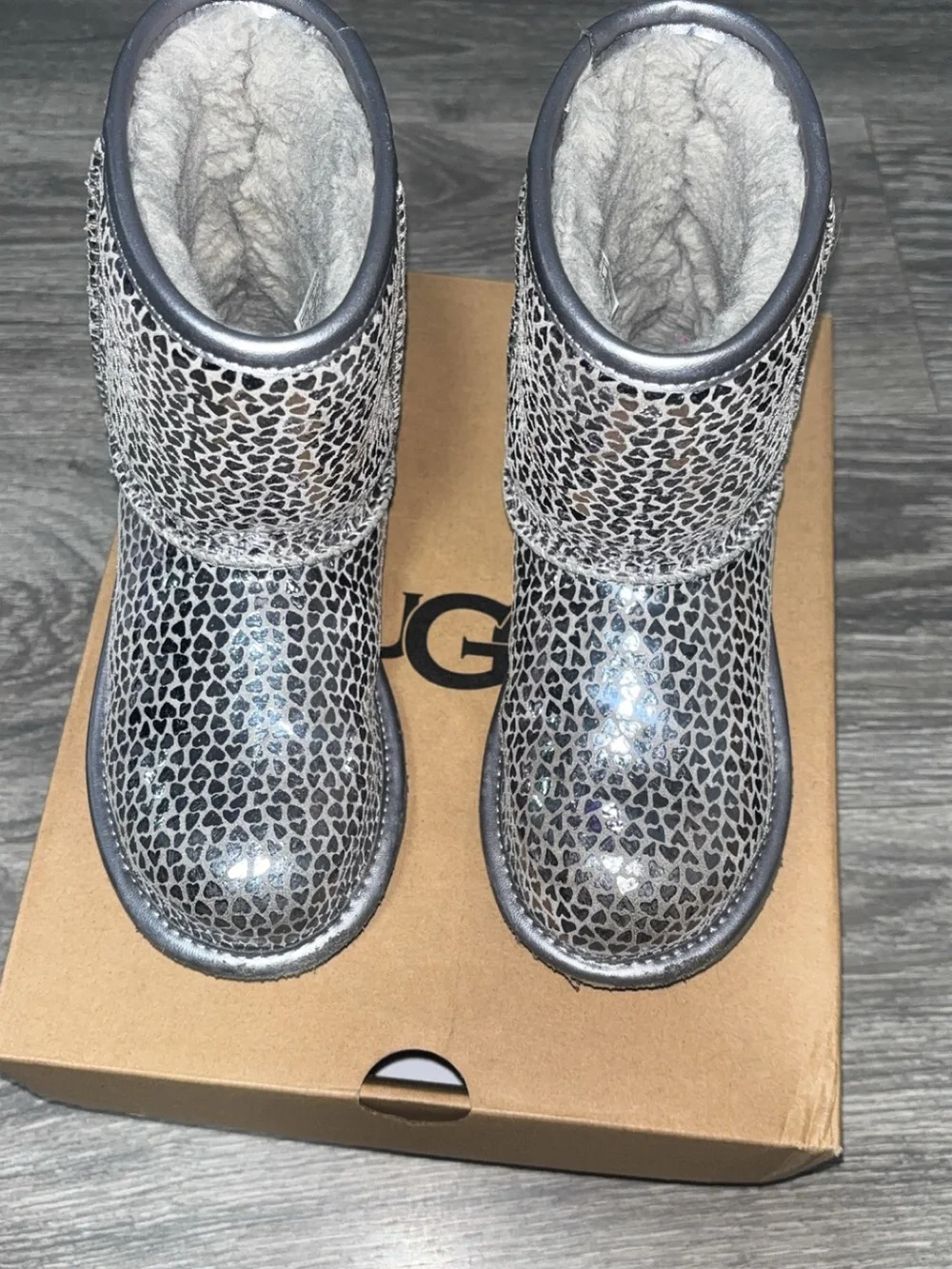 UGG Silver Metallic Leopard-Print Shearling Boots